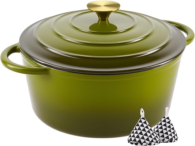 Miereirl 4.5 Quart Enameled Dutch Oven Pot with Lid, Cast Iron Dutch Oven with Dual Handles for Bread Baking, Cooking, Non-stick Enamel Coated Cookware, Golden Green