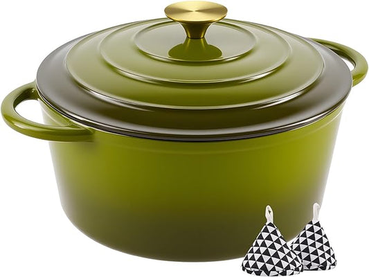 Miereirl 6 Quart Enameled Dutch Oven Pot with Lid, Cast Iron Dutch Oven with Dual Handles for Bread Baking, Cooking, Non-stick Enamel Coated Cookware, Golden Green