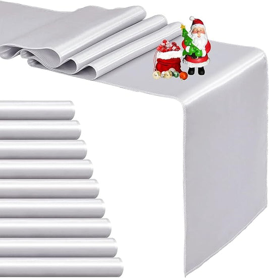 10-Pack Silver Satin Table Runner 12 x 108 Inch Long Bright and Smooth Silk Fabric Table Runner for Wedding Banquet Birthday Party Decoration