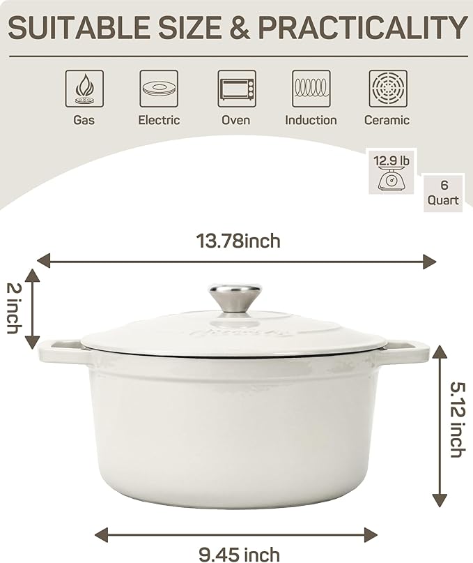6.5 Quart Enameled Cast Iron Dutch Oven, Dutch Oven Pot with Lid for Bread Making, Braiser, Cooking, Dual Handles, White