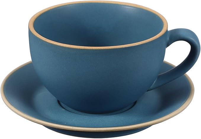 uxcell Handmade Vintage Espresso Cups, 9.5 oz Coffee Cups and Saucers Ceramic Tea Cup with Handle Dishwasher and Microwave Safe for Latte Cappuccino Milk Office Home Gifts, Morandi Blue