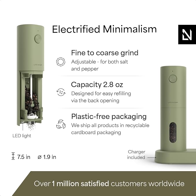 LARS NYS횠M Electric Salt and Pepper Grinder Set, USB Rechargeable, Automatic Salt and Pepper Mills, Spice Shakers Refillable with LED Light, Adjustable Coarseness, Ceramic Grinder (Sage Green)