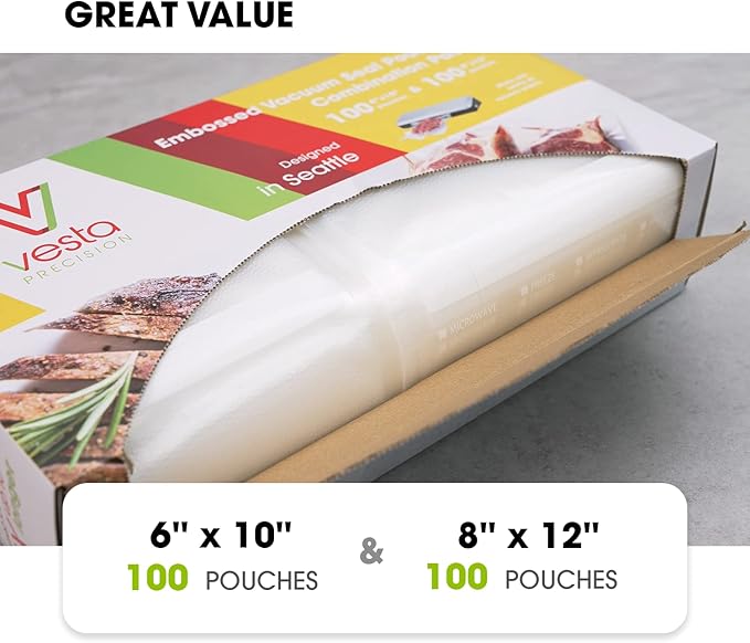 Vesta Precision Vacuum Sealer Bags for food, 200 Count (100 Quart 8" x 12" and 100 Pint 6" x 10") PreCut Bags, BPA Free and Heavy Duty Embossesd Vacuum Seal Bags for Storage, Meal Prep, Sous Vide
