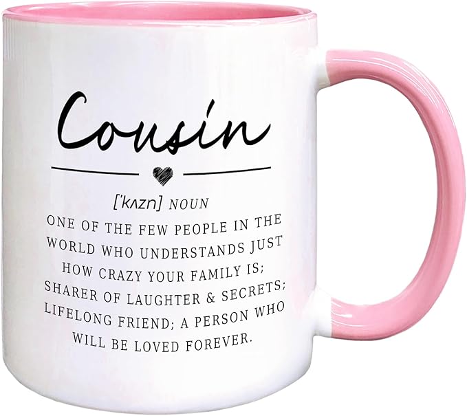 QASHWEY Cousin Definition Coffee Mugs Mug, Cousins Birthday Christmas Wedding Gifts from Cousin,Inspirational Cousins Gifts Double Side Printed Ceramic Mug Cup 11 Ounce(Pink)