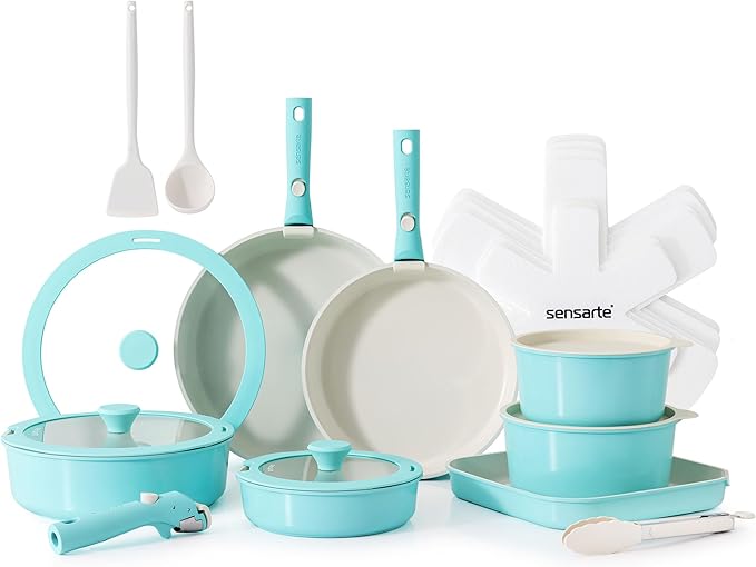 SENSARTE 24 Piece Ceramic Pots and Pans Set, Nonstick Detachable Handle Cookware, Induction Cookware Set with Removable Handle, Healthy Non Stick for RV, Dishwasher竊냀ven Safe, PFOA Free (Turquoise)