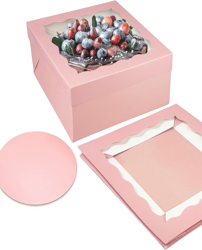 qiqee Pink 10x10x8 Cake Box, 4 Sets Cake Box with Window 竊?4 Sets 10" Cake Round Boards, 10inch Cake Containers, 10 Meters Pink Silk Ribbon Includes