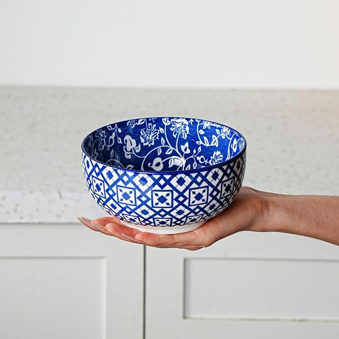 Cerkik Ceramic Soup Bowls Set - 23 Oz Deep Cereal Bowl for kitchen - 6 Inch Porcelain Salad Bowl for Pasta, Dessert, Ramen - Microwave Dishwasher Safe - Set of 6 - Vintage Blue