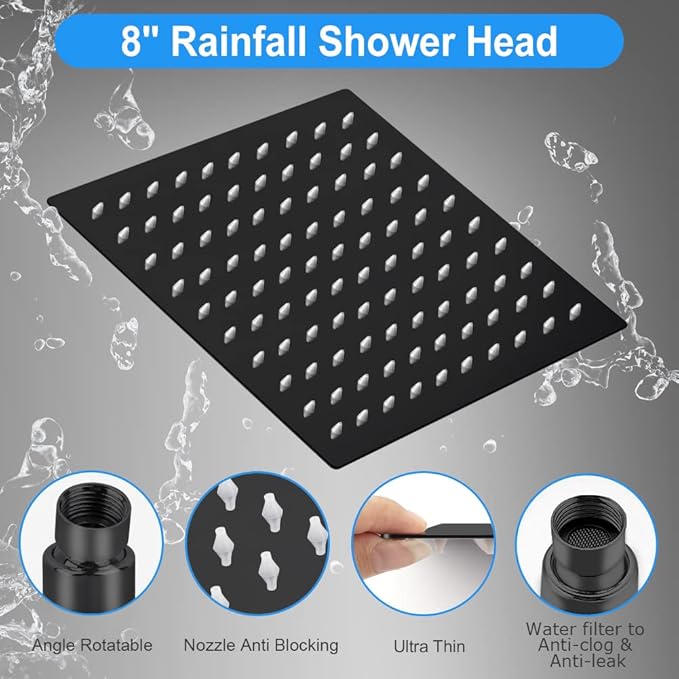 Shower Head, Kaqinu 8'' High Pressure Rainfall Shower Head/Handheld Showerhead Combo with 11??Extension Arm, Anti-leak Shower Head with Holder/Hose, Flow Regulator - Matt Black