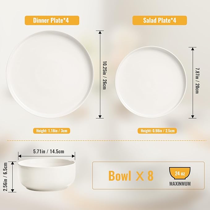 EWFEN Plates and Bowls Sets, 24 Pieces Stoneware Dinnerware Set for 8, Ceramic Dishware Dishes Set, Scratch Resistant Dishes Set, Dishwasher & Microwave Safe