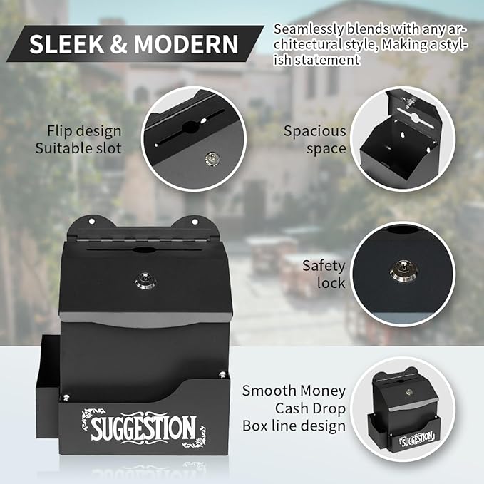 Metal Suggestion Box with Suggestions Lettering, Wall-Mounted&Tabletop With Lock Pen Holder Suggestion Cards*50pcs for Fundraising Comment Voting Prayer Money Drop Donation 8.46횞5.9횞6.96"