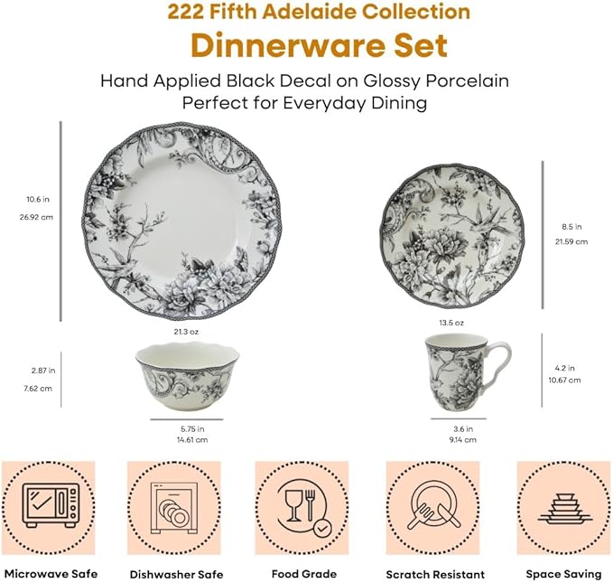 222 Fifth Adelaide 16-Piece Black Porcelain Dinnerware Set ??Service for 4, Featuring Hand-Applied Romantic Woodland Bird Design, for Everyday Dining & Entertainment, Microwave & Dishwasher Safe