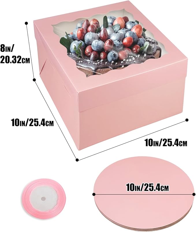 qiqee Pink 10x10x8 Cake Box, 4 Sets Cake Box with Window 竊?4 Sets 10" Cake Round Boards, 10inch Cake Containers, 10 Meters Pink Silk Ribbon Includes