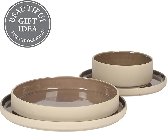 Gibson Elite Liberty Bay 16-Piece Pottery Clay Stoneware Dinnerware Set ??Mocha Brown Reactive Glaze, Stackable Plates and Bowls W/Pasta Bowl, Service for 4 ??Microwave & Dishwasher Safe