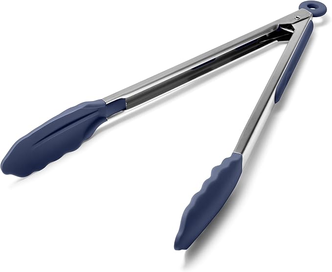 Doosu Kitchen Tongs for Cooking - 600째F Heat Resistant Food Tong with Non-Scratch Silicone Tips, Heavy Duty Stainless Steel Locking Tong for BBQ, Grilling Steak, Serving Salad Pasta (12in, Navy Blue)