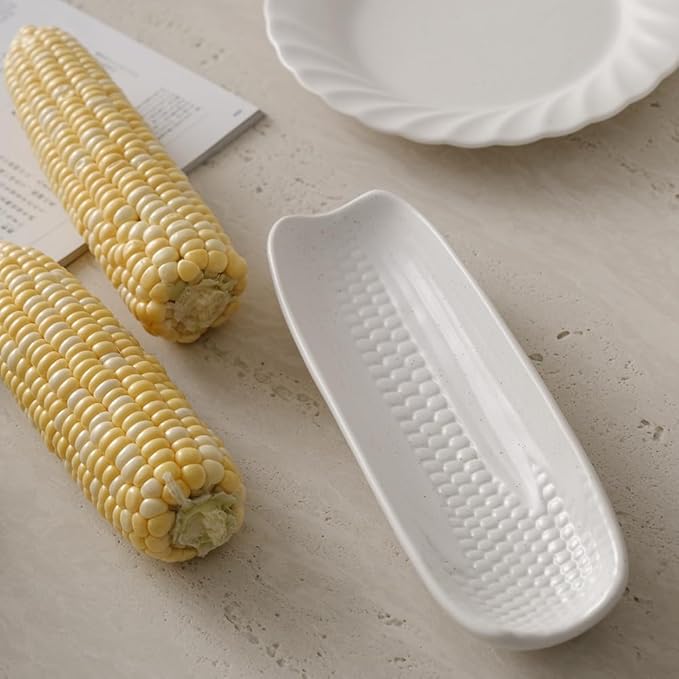 WENSHUO Ceramic Corn Cob Holders, Corn Dishes Set of 4, Microwave Safe, L9 * W3, Nacre White