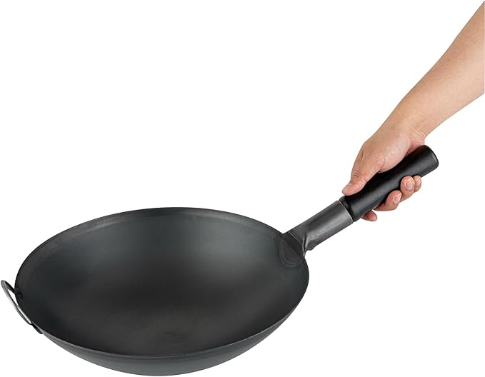 Restaurantware Carbon Steel Wok 1 Pack of 14 Inch Heavy-Duty Uniform Heat Distribution Pan Induction Compatible Round Bottom Wok Welded Handle Black For Gas Stovetops And Grills