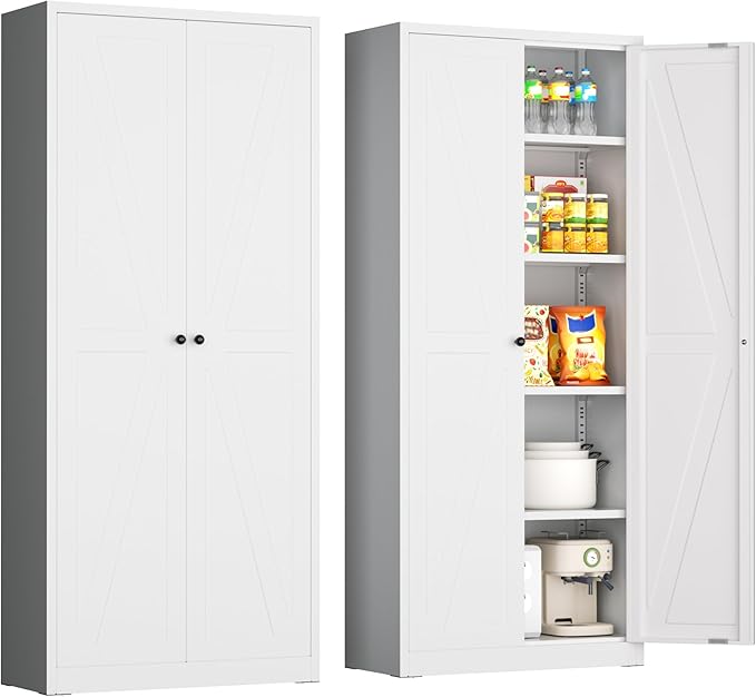 INTERGRAET 63" H Pantry Cabinet, Kitchen Pantry Storage Cabinets with 2 Doors and 4 Shelves, White Metal Storage Cabinet,Cupboard for Home,Kitchen,Living Room/Dining