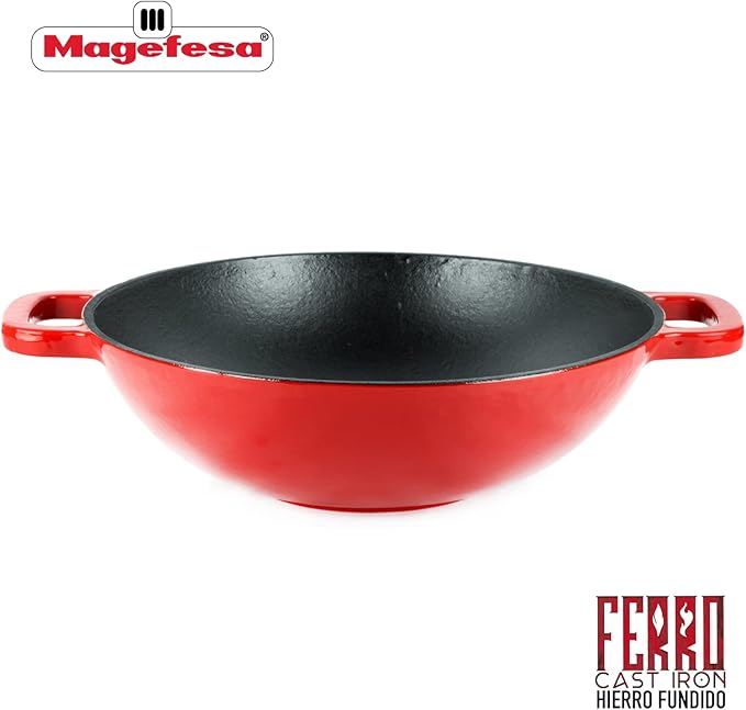 Magefesa FERRO 11.8" Cast Iron Red Wok with Enameled Cover & Inner Layer, Superior Heat Retention & Distribution, Induction & Oven Safe, Energy-Efficient, Durable, Easy to Clean