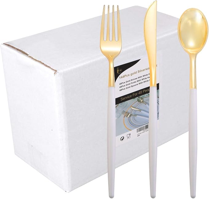 I00000 144Pcs Gold Plastic Silverware, Gold Plastic Utensils Set,Disposable Utensils Heavy Duty,Disposable Silverware Set Includes 48 Forks,48 Knives,48 Spoons for Wedding & Party