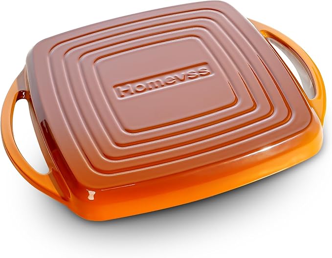 2-in-1 Square Enameled Cast Iron Dutch Oven 7QT Baking Pan and Gridle Lid with Dual Handles, Cast Iron Skillet lid, Coating Gridle for Baking, Braising and Grilling - Orange