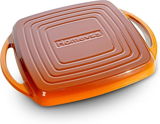 2-in-1 Square Enameled Cast Iron Dutch Oven 7QT Baking Pan and Gridle Lid with Dual Handles, Cast Iron Skillet lid, Coating Gridle for Baking, Braising and Grilling - Orange