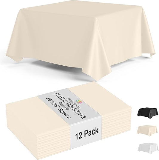 Party Solids 12-Pack Ivory Square Plastic Disposable Tablecloth ??Size: 85 횞 85 Inches ??Square Table Cover for Parties, Picnics & Formal Events