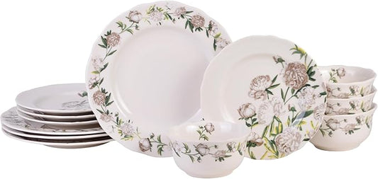 222 Fifth Luxe Peony Neutral Porcelain 12-Piece Dinnerware Set ??Service for 4, Includes Dinner Plates, Salad Plates & Cereal Bowls, Glossy Finish, Dishwasher Safe, for Daily Dining & Entertainment
