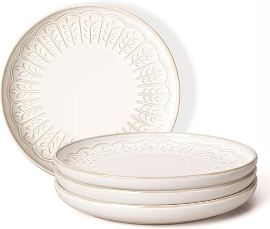 Artena Salad Plates Set Of 4, 8.5 Inch Embossed Ceramic Dinner Plates for Appetizer Dessert, Kitchen Plates With Lipped Edges, Microwave Oven Dishwasher Safe (Wheat Leaf)