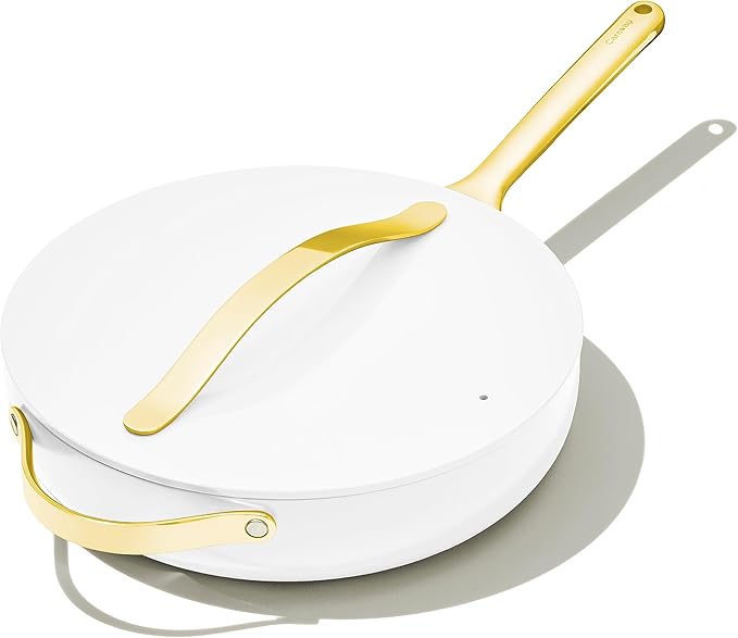 Caraway Nonstick Ceramic Saut챕 Pan with Lid (4.5 qt, 11.8") - Non Toxic, PTFE & PFOA Free - Oven Safe & Compatible with All Stovetops (Gas, Electric & Induction) - White
