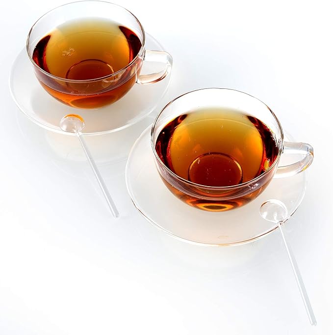 Teabloom Kyoto Teacup and Saucer Set 2-Pack ??Standard Teacup Size ??6 OZ/ 180 ML Capacity ??Crystal Clear Design ?볛?Premium Borosilicate Glass ??Heat Resistant, Microwave Safe