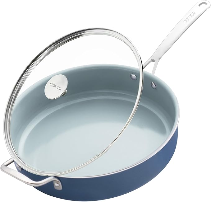 Nonstick Saut챕 Pan with Lid 5 QT Deep Frying Pan with Stainless Steel Helper Handle 12 inch Large Skillet Ceramic Jumbo Cooker for Healthy Cooking, Induction Compatible Cookware, PFOA Free