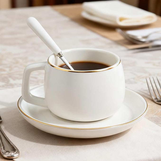 Ceramic Teacup and Saucer Set with Gold Trim Design 9.8oz Matte Plain Color Ceramic Coffee Mug White