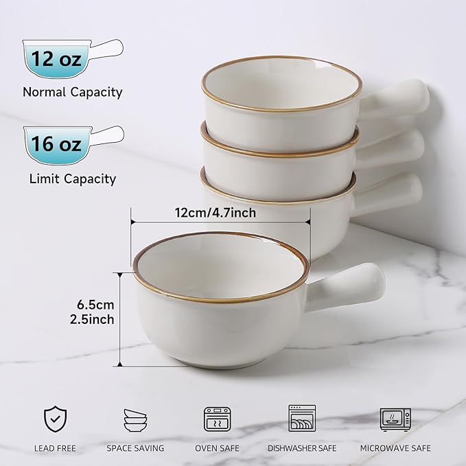 MONITO 16 Oz French Onion Soup Bowls, Ceramic Soup Bowls with Handles, Stackable Soup Crocks Oven Safe for Chili, Beef Stew, Cereal,Casseroles Microwave & Dishwasher Safe, Set of 4, White