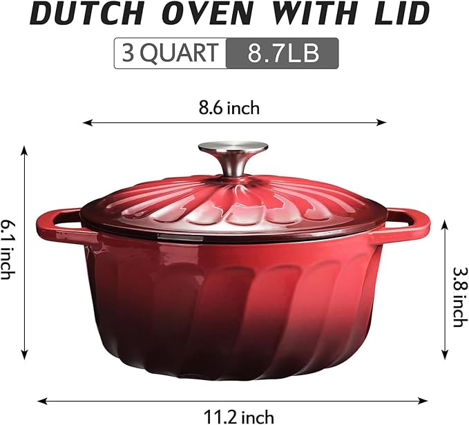 Enameled Cast Iron Dutch Oven Pot with Lid, 3 QT Dutch Oven for Bread Baking, Heavy Duty Cast Iron Pot for Braising, Cook, Bake, Oven Safe across All Cooktops (Gradient Red,3 QT)