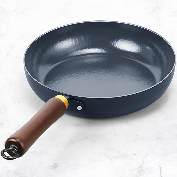 Nonstick Frying Pan, 11-Inch Enameled Carbon Steel Pan, Stay-Cool Wooden Handle Stir-Fry Pan, Non Toxic, PTFE & PFOA Free Oven-Safe, Season-Free Carbon Steel Skillet For All Stovetops