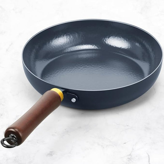 Nonstick Frying Pan, 11-Inch Enameled Carbon Steel Pan, Stay-Cool Wooden Handle Stir-Fry Pan, Non Toxic, PTFE & PFOA Free Oven-Safe, Season-Free Carbon Steel Skillet For All Stovetops
