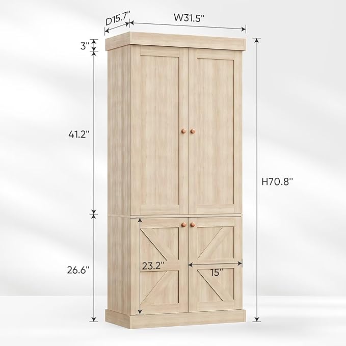Vyre 70.8" Tall Bookshelf with Doors, Farmhouse Modular Bookcase with 4-Tier Adjustable Shelves, Large Storage Cabinet for Home Office, Living Room, Brown