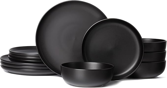 Furrnook 12-Piece Stoneware Dinnerware Set with Mugs | Microwave and Dishwasher Friendly | Stackable Matte Glaze Plates & Bowls | Service for 3 (Black for 4)