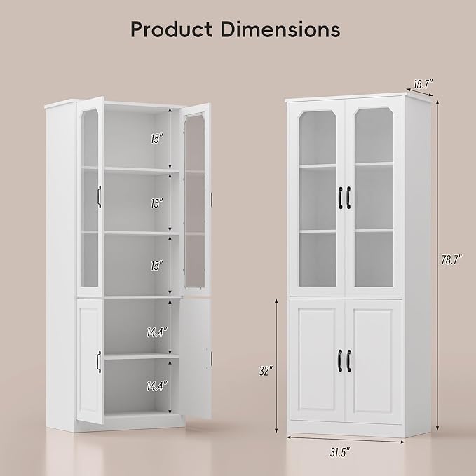 MU 78.7" Tall Kitchen Pantry with 2 Glass Doors, Freestanding China Cabinet with Adjustable Shelves, Large Kitchen Pantry Storage Cabinet Cupboard for Dining Room, Living Room, White (Large, 31.5" W)