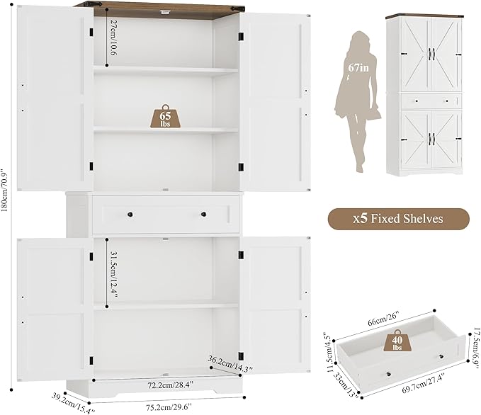 HOSTACK 71" Tall Pantry Cabinet, Farmhouse Kitchen Pantry with Storage Shelves, Barn Doors Food Storage Cabinet, Freestanding Kitchen Hutch with Large Drawer for Living Room, White + Rustic Brown