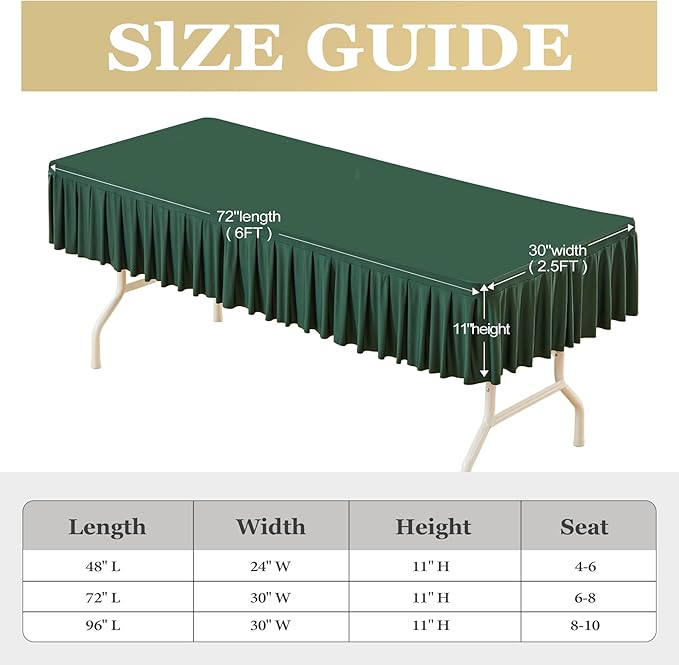 Wish Care Hunter Green Spandex Table Clothes for 6 Foot Rectangle Tables Wrinkle Free Stretch Fitted Tablecloth 6ft Ruffle Elastic Table Cover Skirt for Dining Outdoor Home Banquet Party Tablecloth