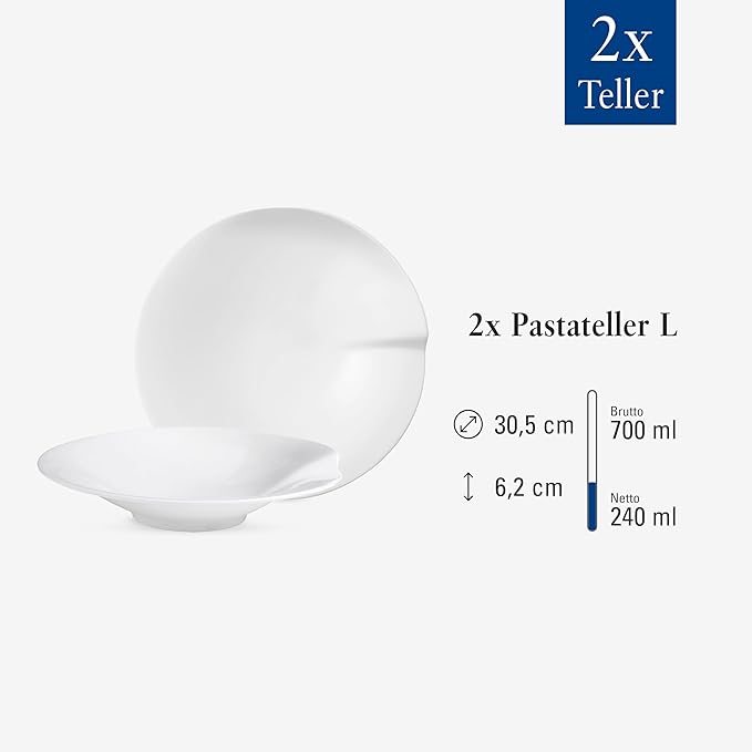 Villeroy & Boch Pasta Passion Plate, Large, Set of 2, Premium Porcelain, Made in Germany, White