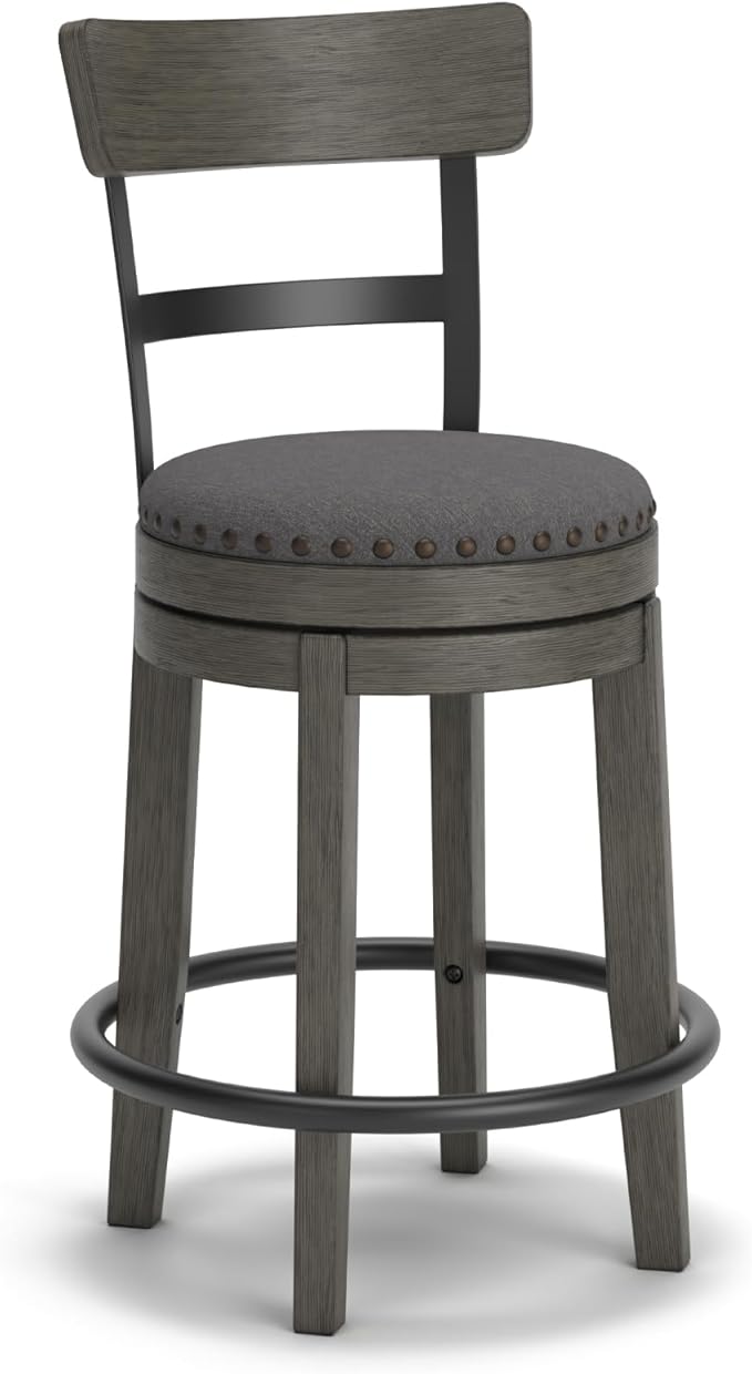 Signature Design by Ashley Caitbrook | Farmhouse Swivel 24" Counter Height Barstool ??360째 Swivel, Upholstered with Nailhead Trim, Metal & Wood Frame, Gray
