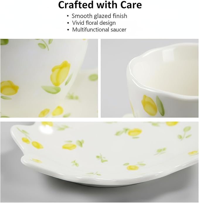 Unique Ceramic Tea Cup and Saucer Set, Coffee Mug, Cup and Saucer Set, Cute Fancy Girly Afternoon Tea Set Purse Gift, 5.4 oz/160 ml Vintage Style, For Women and Tea Parties, Yellow flowers