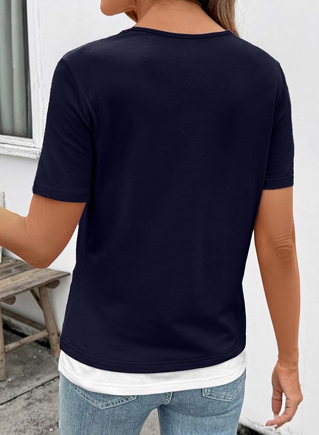SHEWIN Womens Tops Casual Crewneck Color Block Short Sleeve Mock Double Layer T-Shirt Summer Outfits for Women 2026