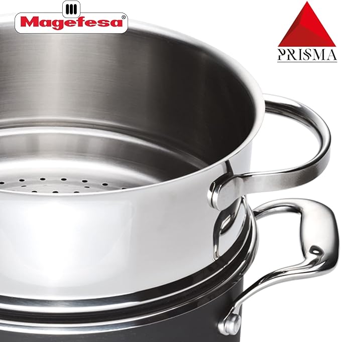 MAGEFESA Prisma ??7.9 inches steam pot with lid, made in 18/10 stainless steel, for all types of kitchens, INDUCTION, easy cleaning, dishwasher and oven safe up to 392쨘F