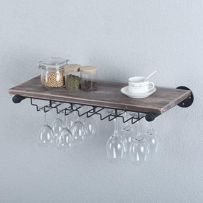 Industrial Wine Rack Wall Mounted with 5 Glass Holder,Wine Glass Rack Floating Wine Glass Shelf,24in Pipe Shelving Hanging Wood Shelves