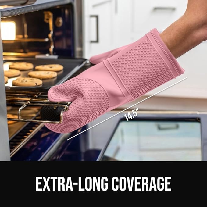 GORILLA GRIP BPA-Free Soft Silicone Oven Mitts, 14.5x8.3, Heat Resistant and Waterproof Cooking Gloves, Thick Cotton Lining, Flexible Gripping for Baking Grilling, Kitchen Potholders Set of 2, Pink
