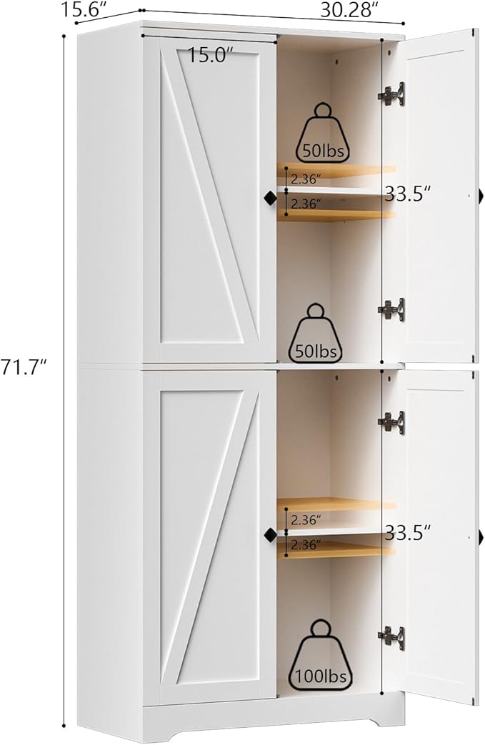 LYNSOM Farmhouse Storage Cabinet with Doors Set of 2, Kitchen Pantry Cabinet with 4 Barn Door and Adjustable Shelves, White Storage Cabinets for Kitchen, White