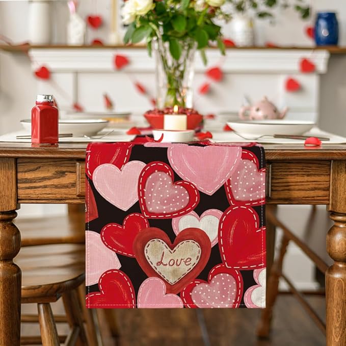 Artoid Mode Black Pink Love Heart Valentine's Table Runner, Seasonal Anniversary Kitchen Dining Table Decoration for Home Party Decor 13x60 Inch